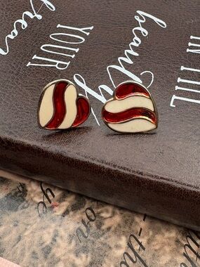 Vintage Red Enamel Heart Earrings Gold Tone Retro Cute